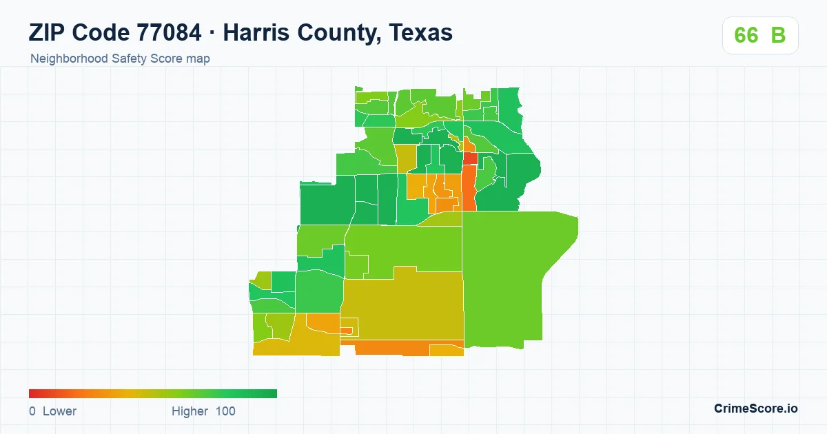 ZIP Code 77084 in Harris County, Texas neighborhood Safety Score map
