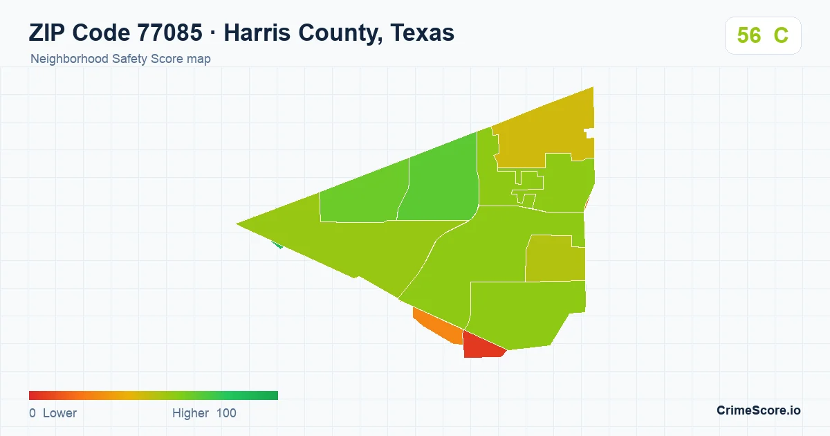 ZIP Code 77085 in Harris County, Texas neighborhood Safety Score map