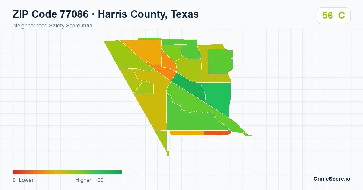 ZIP Code 77086 in Harris County, Texas neighborhood Safety Score map