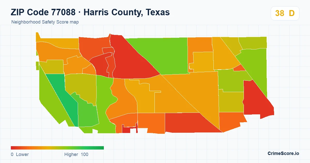 ZIP Code 77088 in Harris County, Texas neighborhood Safety Score map