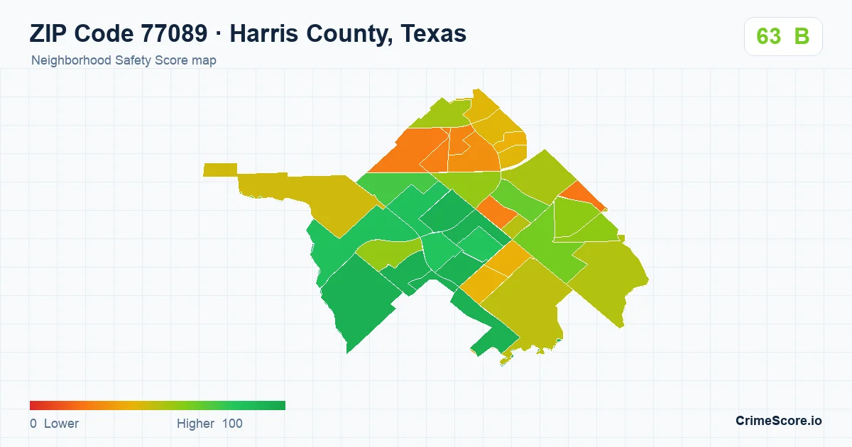 ZIP Code 77089 in Harris County, Texas neighborhood Safety Score map