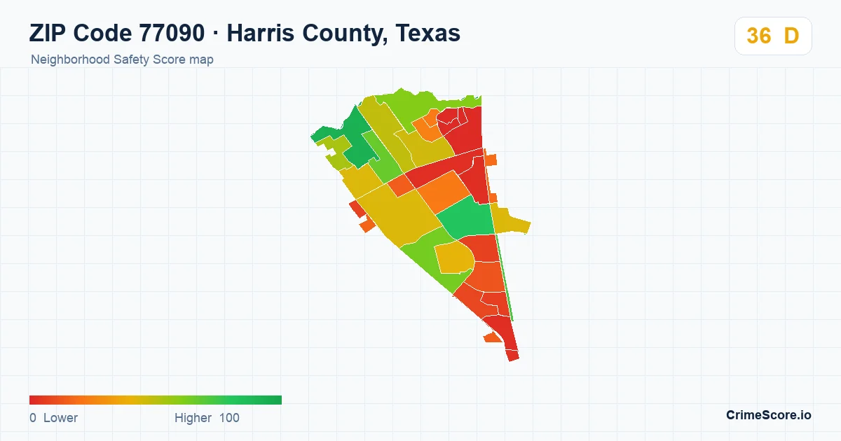 ZIP Code 77090 in Harris County, Texas neighborhood Safety Score map