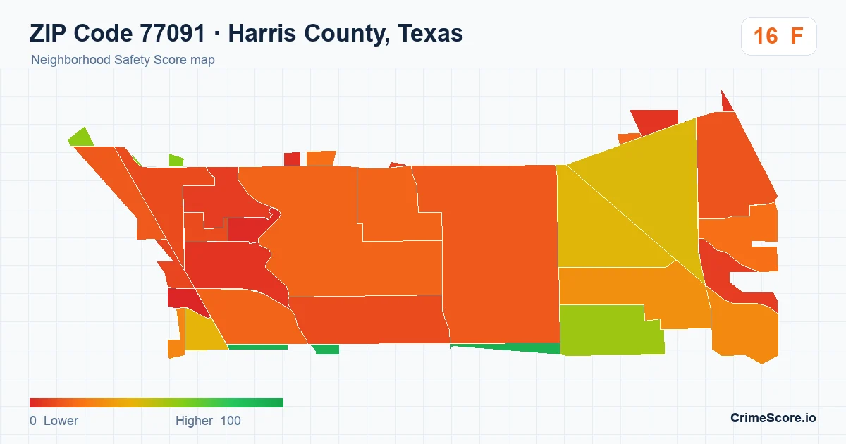 ZIP Code 77091 in Harris County, Texas neighborhood Safety Score map