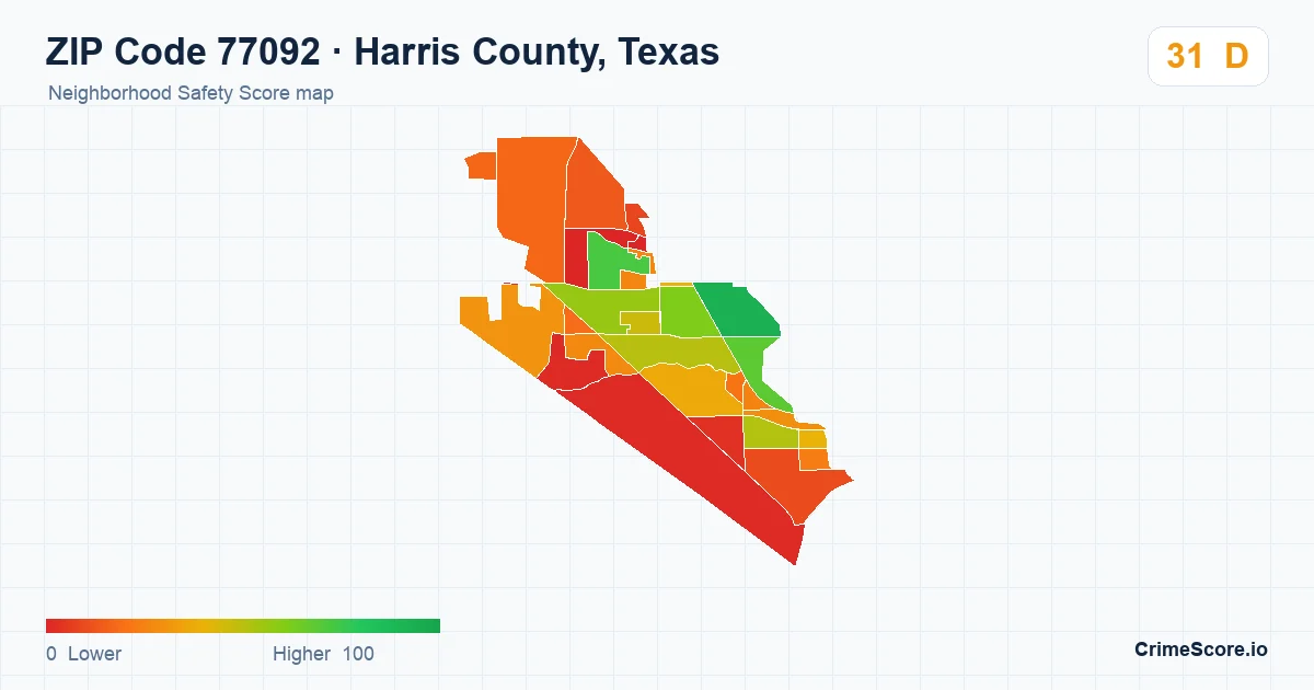 ZIP Code 77092 in Harris County, Texas neighborhood Safety Score map