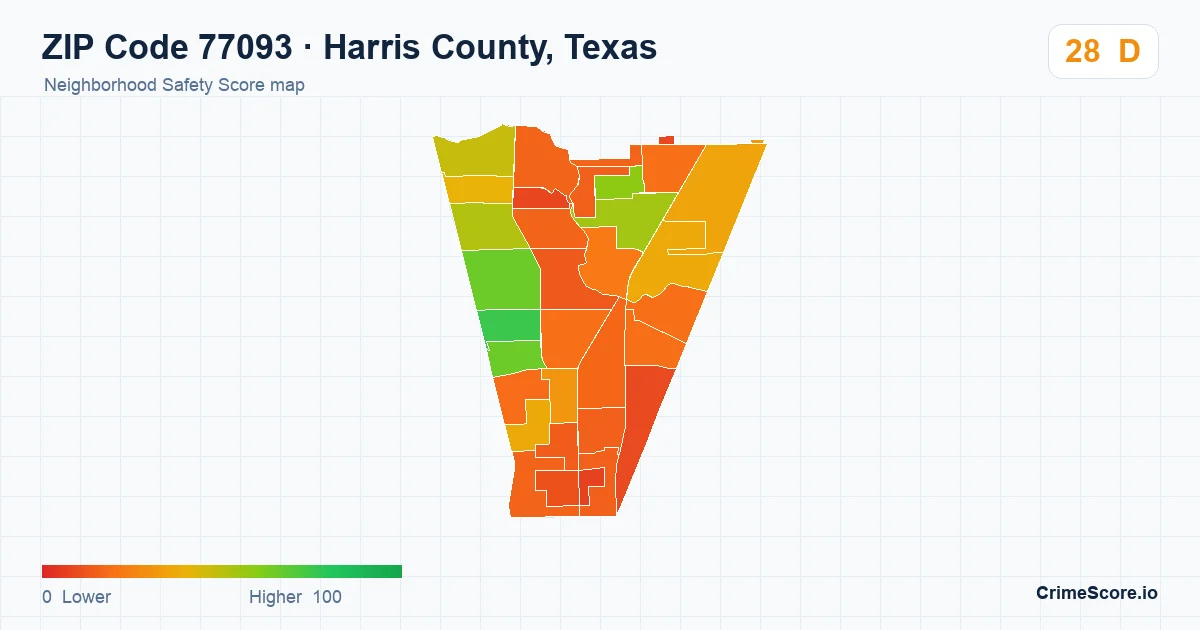 ZIP Code 77093 in Harris County, Texas neighborhood Safety Score map
