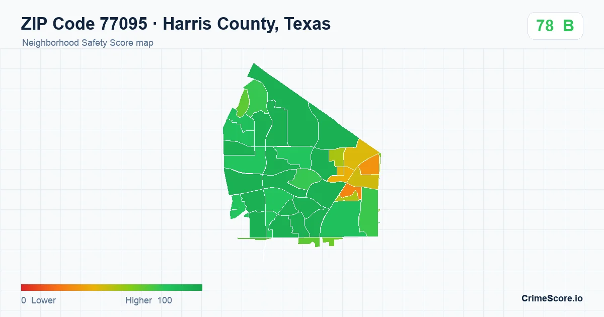 ZIP Code 77095 in Harris County, Texas neighborhood Safety Score map