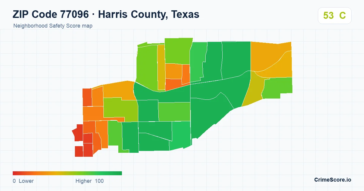 ZIP Code 77096 in Harris County, Texas neighborhood Safety Score map