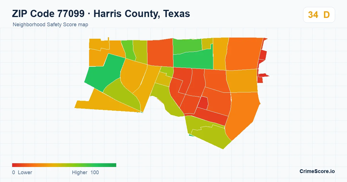 ZIP Code 77099 in Harris County, Texas neighborhood Safety Score map