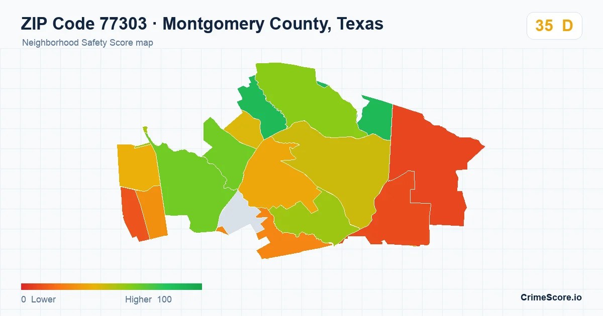 ZIP Code 77303 in Montgomery County, Texas neighborhood Safety Score map