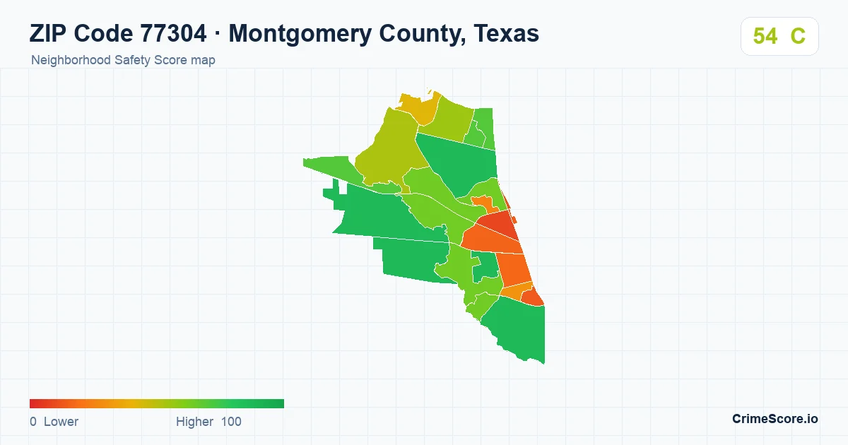 ZIP Code 77304 in Montgomery County, Texas neighborhood Safety Score map