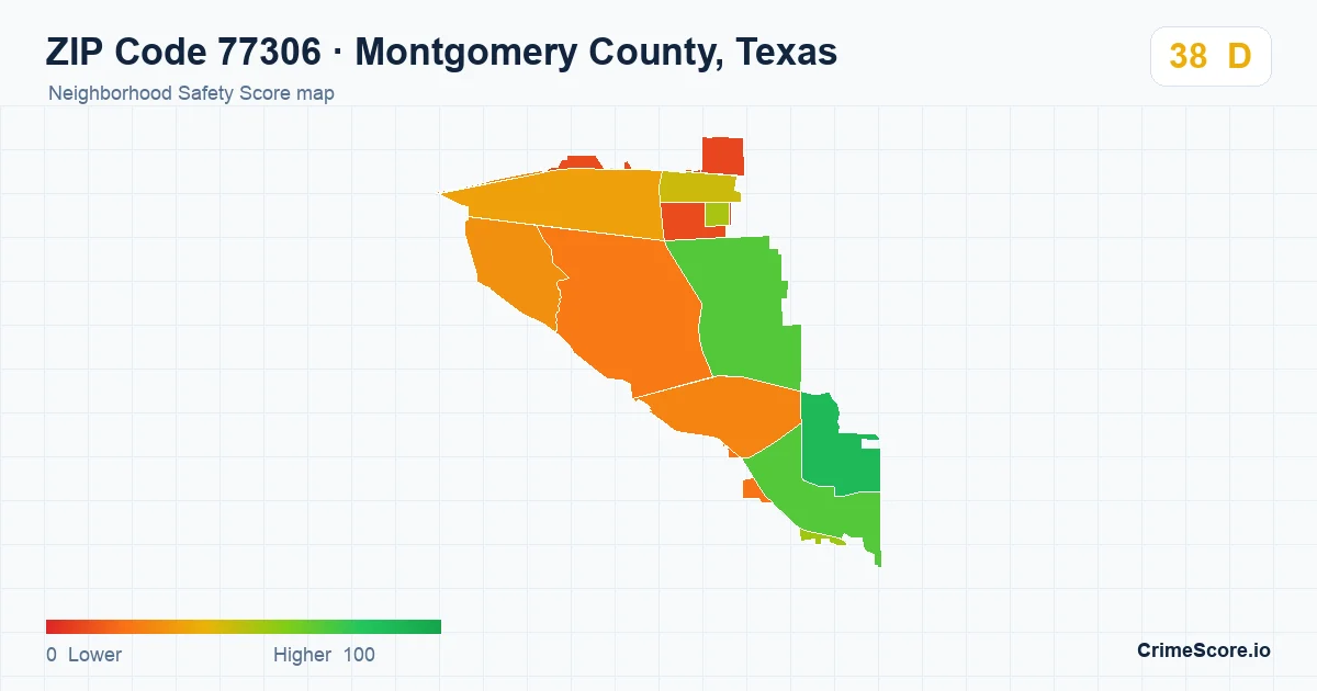 ZIP Code 77306 in Montgomery County, Texas neighborhood Safety Score map
