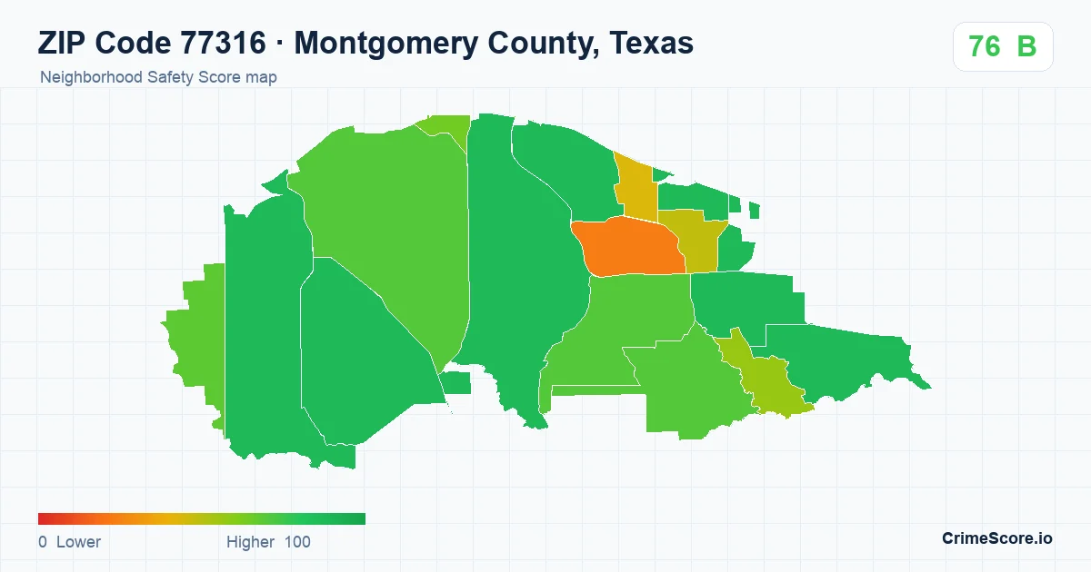ZIP Code 77316 in Montgomery County, Texas neighborhood Safety Score map