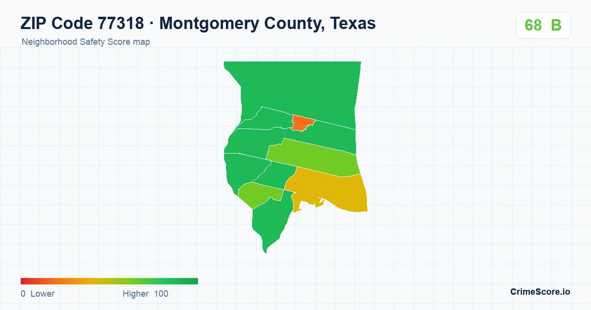 ZIP Code 77318 in Montgomery County, Texas neighborhood Safety Score map