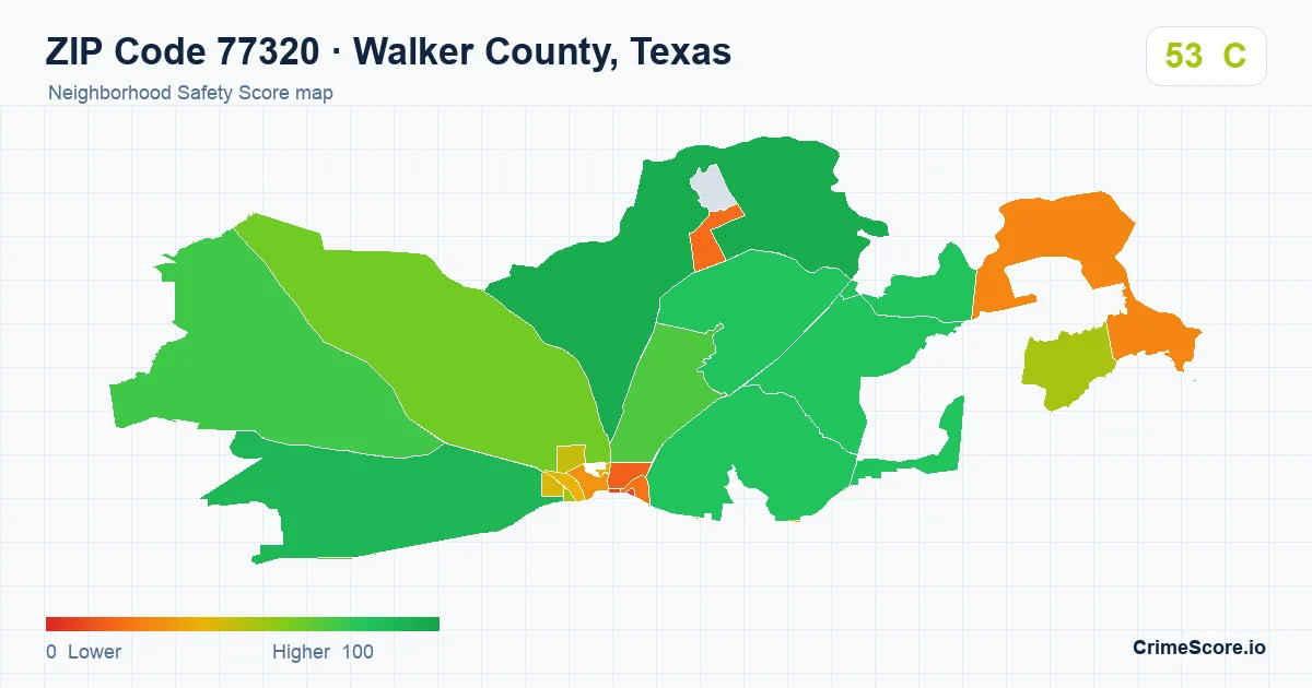 ZIP Code 77320 in Walker County, Texas neighborhood Safety Score map