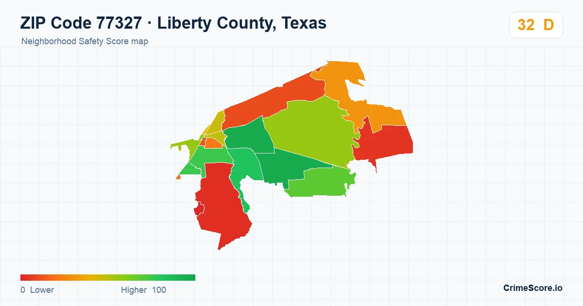 ZIP Code 77327 in Liberty County, Texas neighborhood Safety Score map
