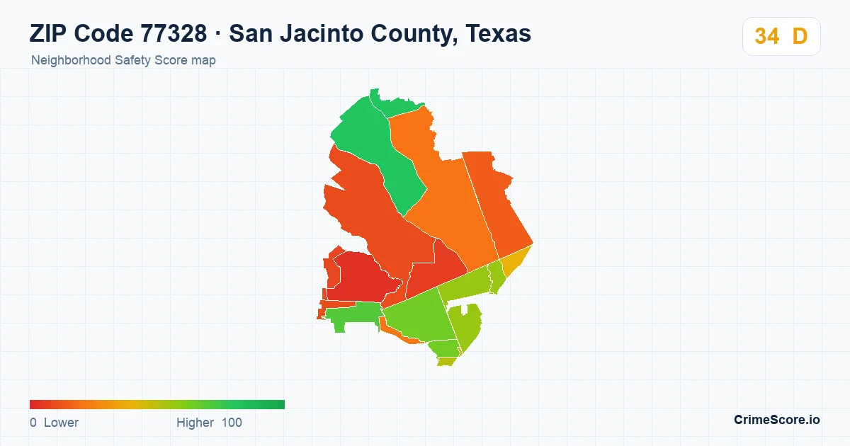 ZIP Code 77328 in San Jacinto County, Texas neighborhood Safety Score map