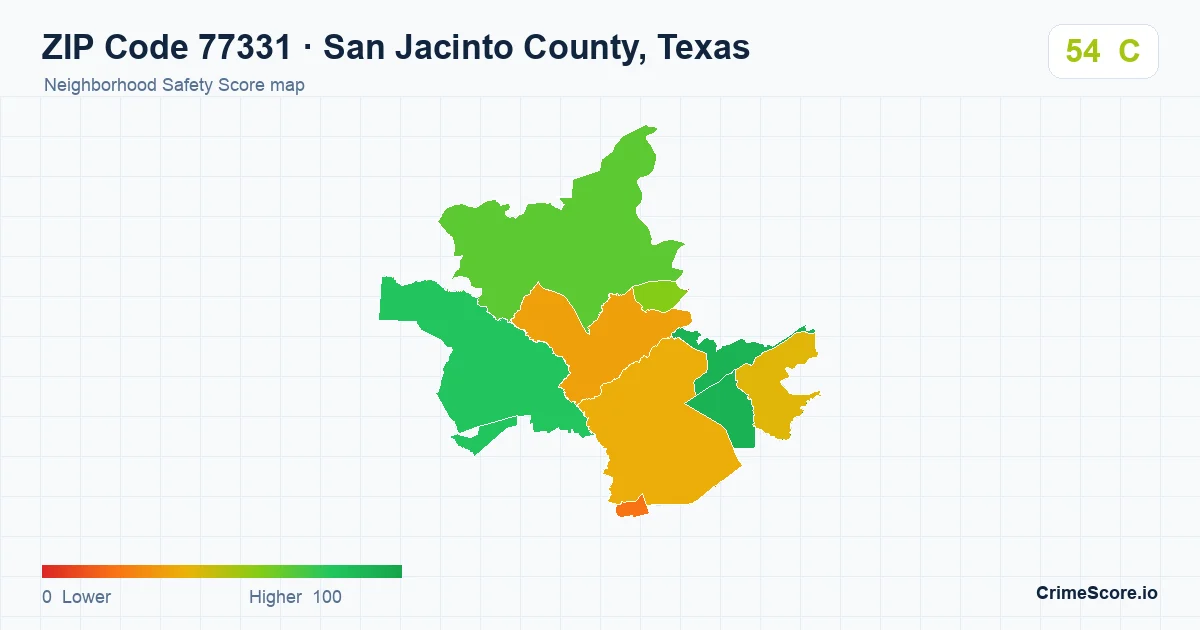 ZIP Code 77331 in San Jacinto County, Texas neighborhood Safety Score map