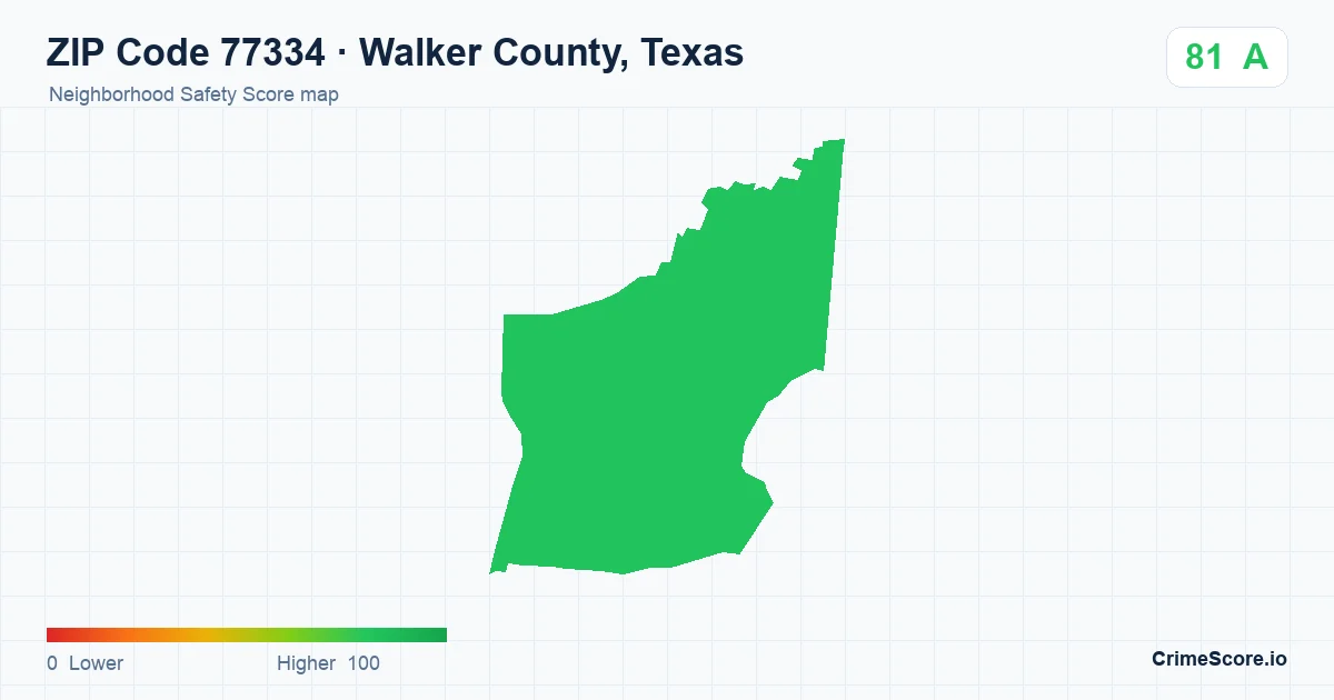 ZIP Code 77334 in Walker County, Texas neighborhood Safety Score map