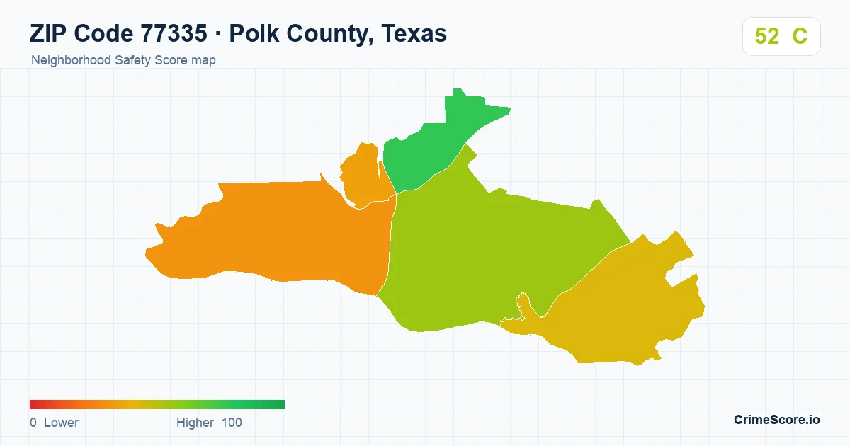ZIP Code 77335 in Polk County, Texas neighborhood Safety Score map