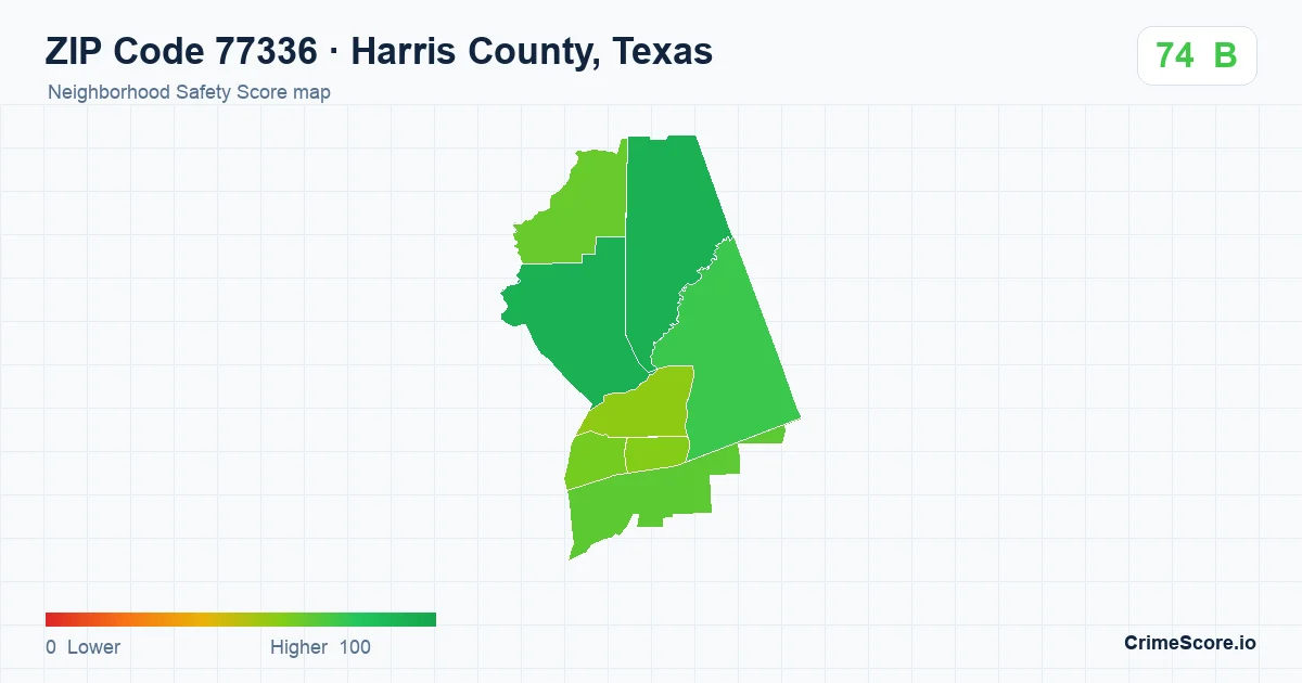 ZIP Code 77336 in Harris County, Texas neighborhood Safety Score map