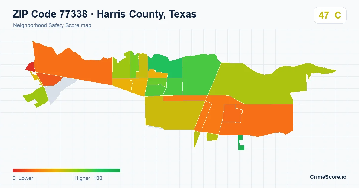 ZIP Code 77338 in Harris County, Texas neighborhood Safety Score map