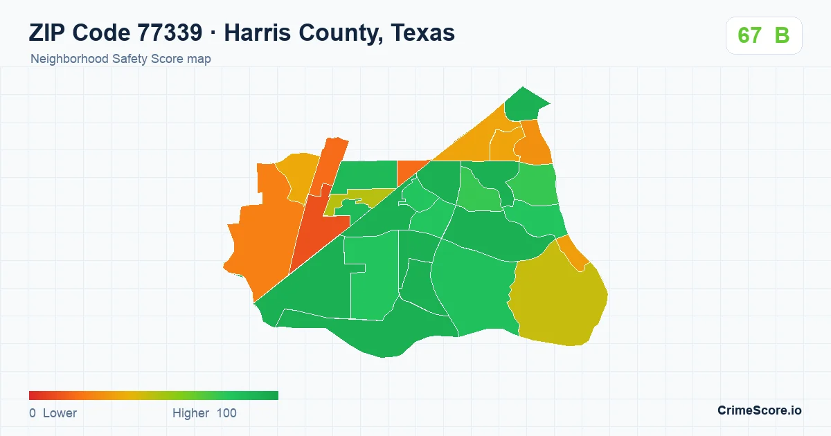 ZIP Code 77339 in Harris County, Texas neighborhood Safety Score map