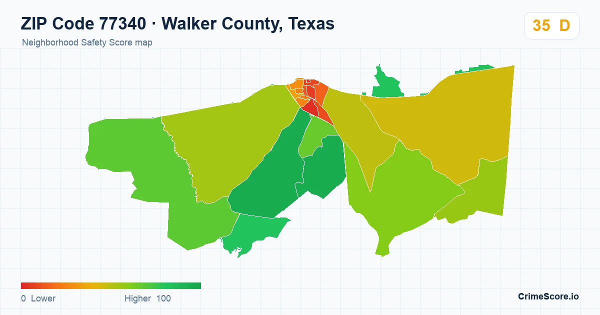 ZIP Code 77340 in Walker County, Texas neighborhood Safety Score map