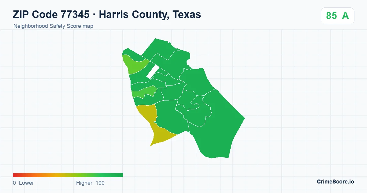 ZIP Code 77345 in Harris County, Texas neighborhood Safety Score map