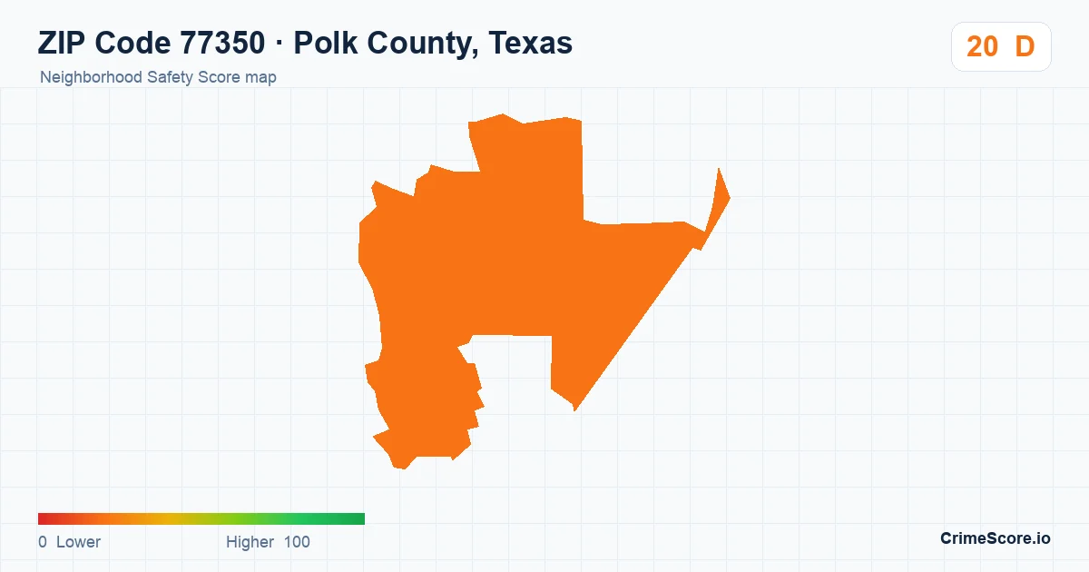 ZIP Code 77350 in Polk County, Texas neighborhood Safety Score map