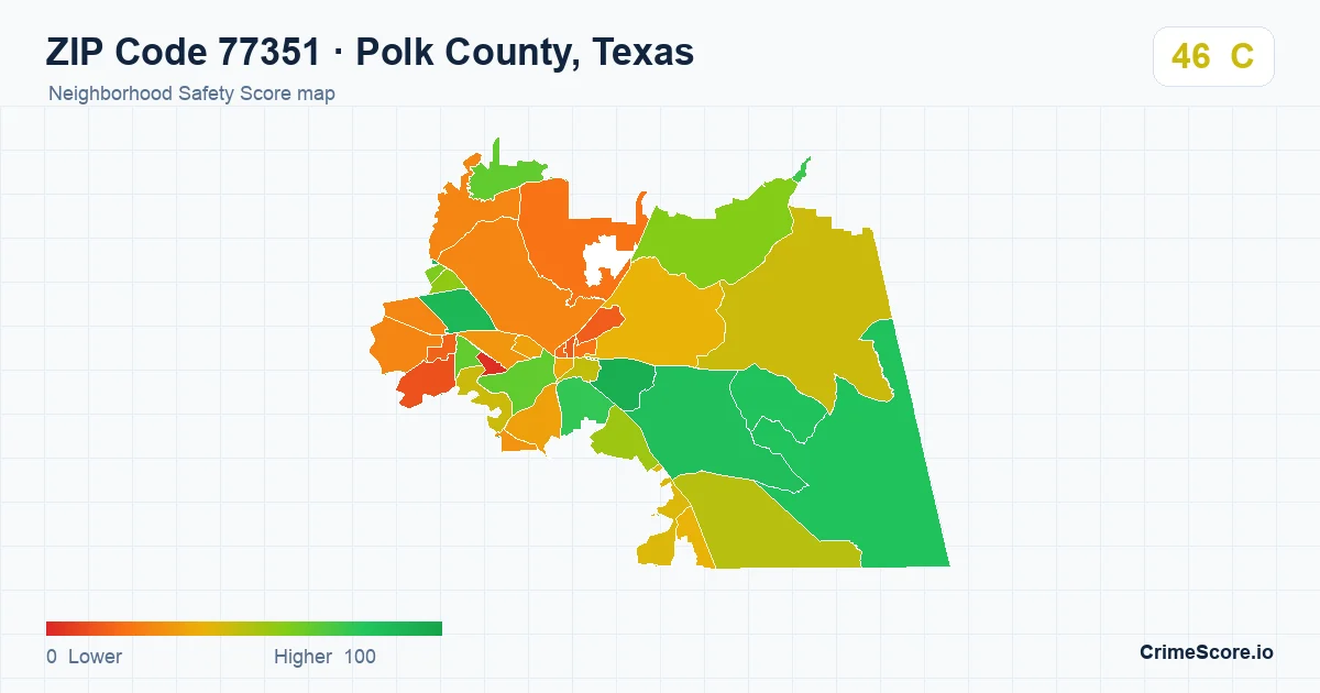 ZIP Code 77351 in Polk County, Texas neighborhood Safety Score map