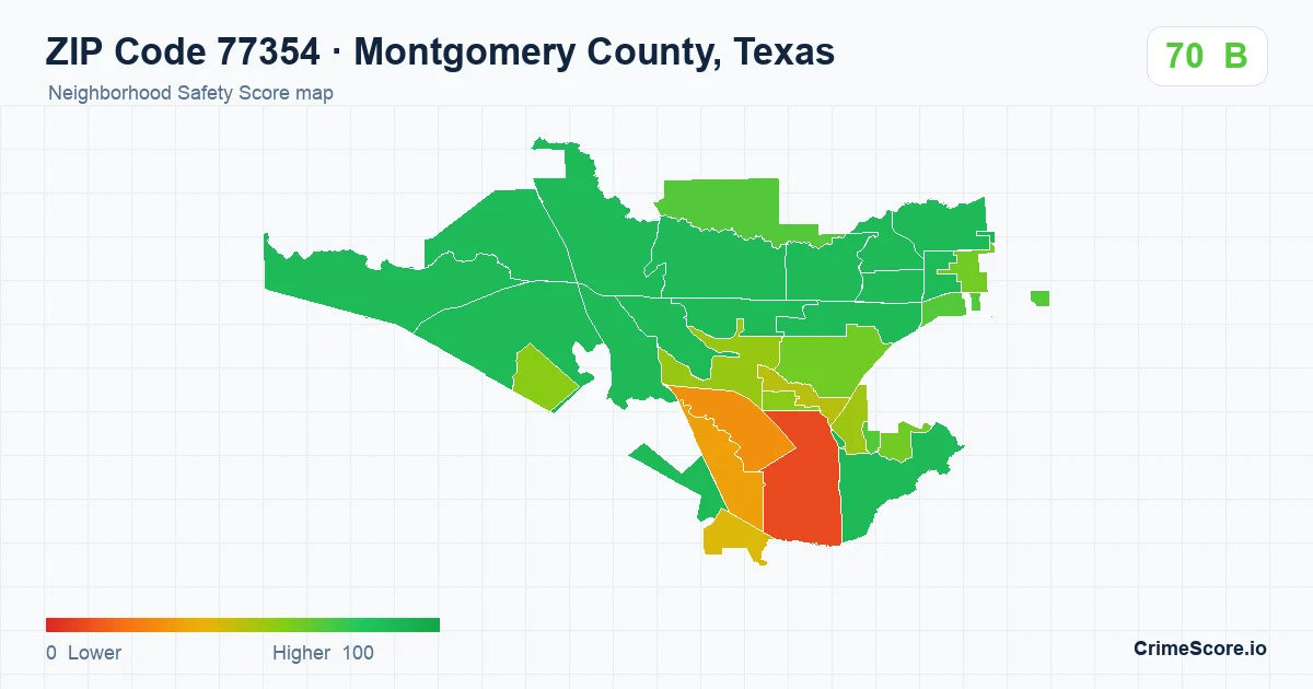 ZIP Code 77354 in Montgomery County, Texas neighborhood Safety Score map