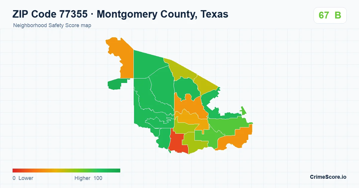 ZIP Code 77355 in Montgomery County, Texas neighborhood Safety Score map