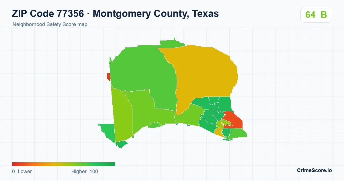 ZIP Code 77356 in Montgomery County, Texas neighborhood Safety Score map