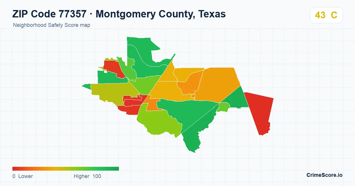 ZIP Code 77357 in Montgomery County, Texas neighborhood Safety Score map