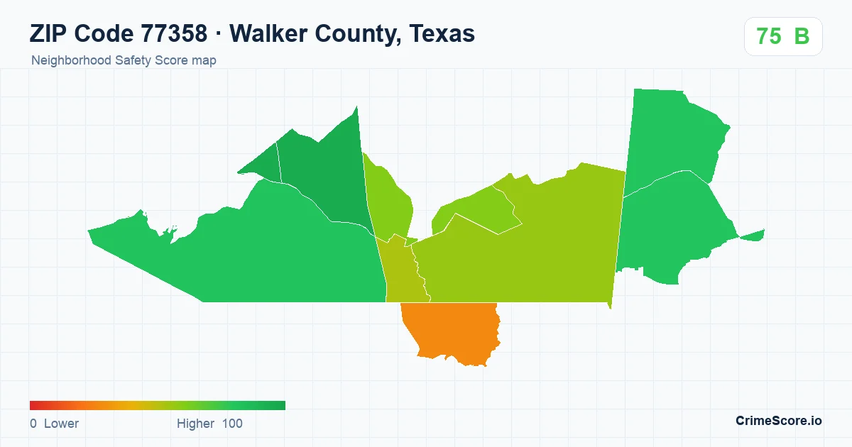 ZIP Code 77358 in Walker County, Texas neighborhood Safety Score map