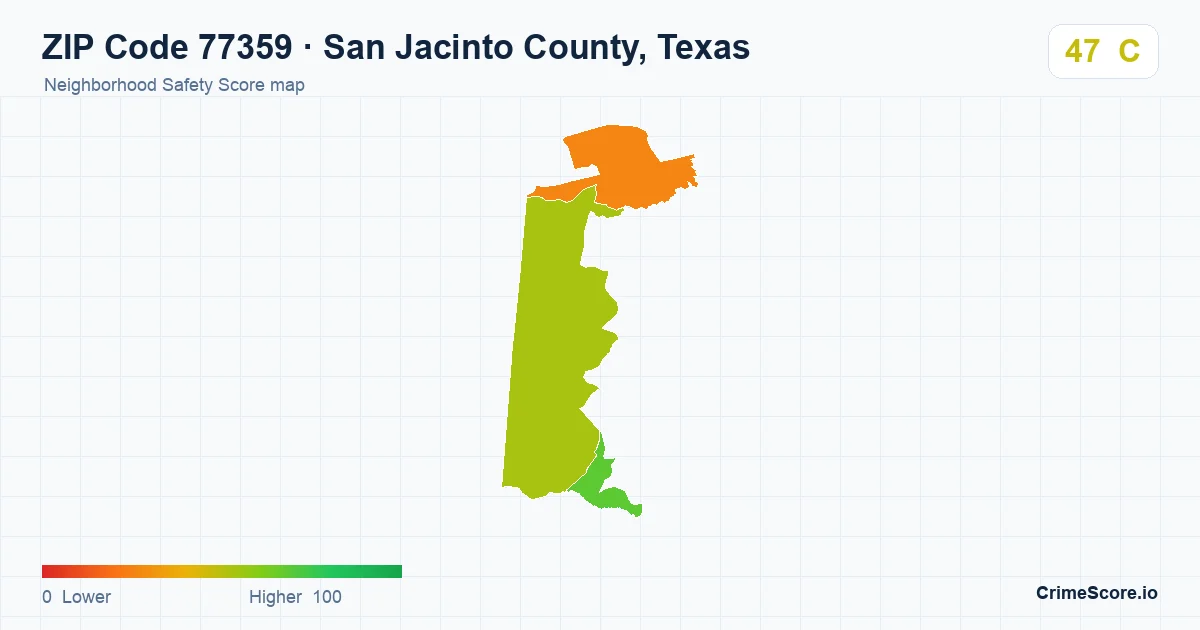ZIP Code 77359 in San Jacinto County, Texas neighborhood Safety Score map