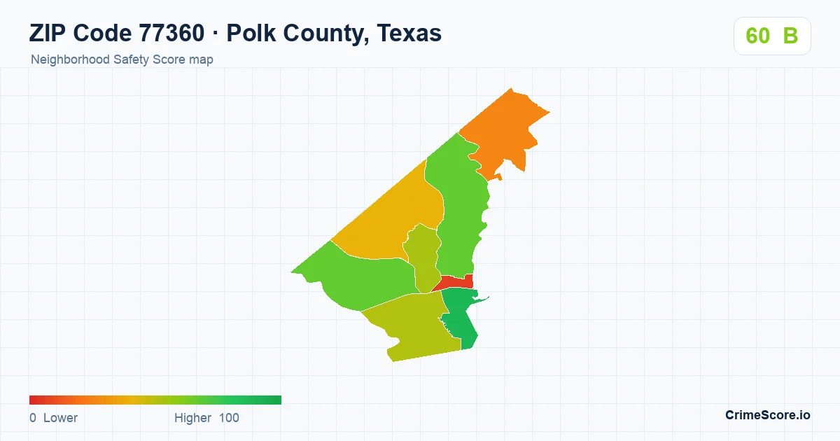 ZIP Code 77360 in Polk County, Texas neighborhood Safety Score map