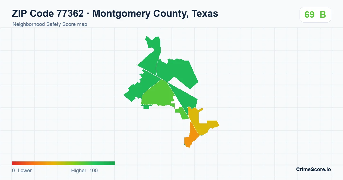 ZIP Code 77362 in Montgomery County, Texas neighborhood Safety Score map