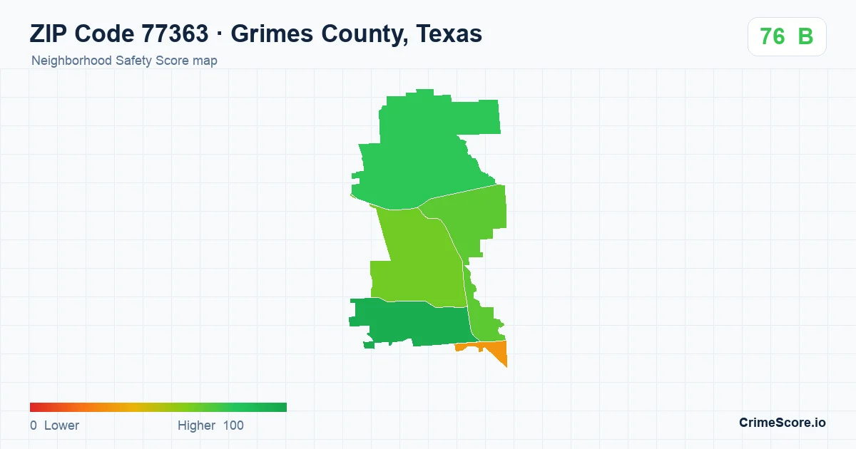 ZIP Code 77363 in Grimes County, Texas neighborhood Safety Score map