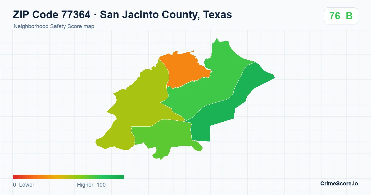ZIP Code 77364 in San Jacinto County, Texas neighborhood Safety Score map