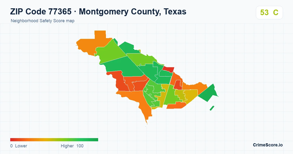 ZIP Code 77365 in Montgomery County, Texas neighborhood Safety Score map