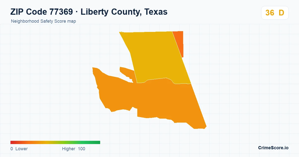 ZIP Code 77369 in Liberty County, Texas neighborhood Safety Score map