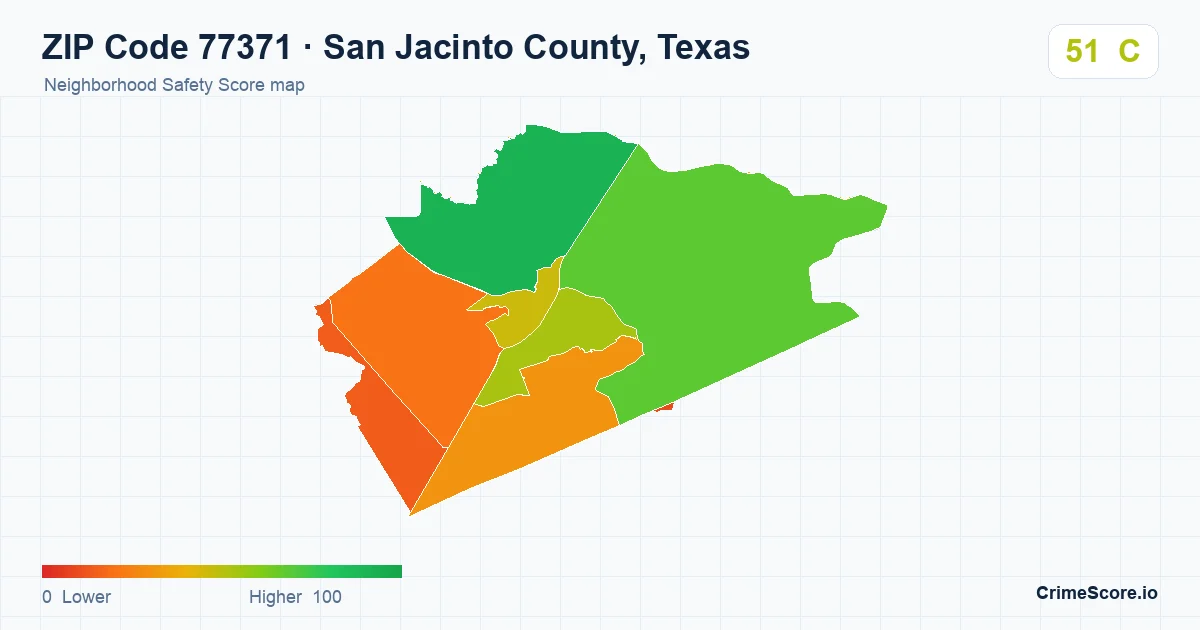 ZIP Code 77371 in San Jacinto County, Texas neighborhood Safety Score map