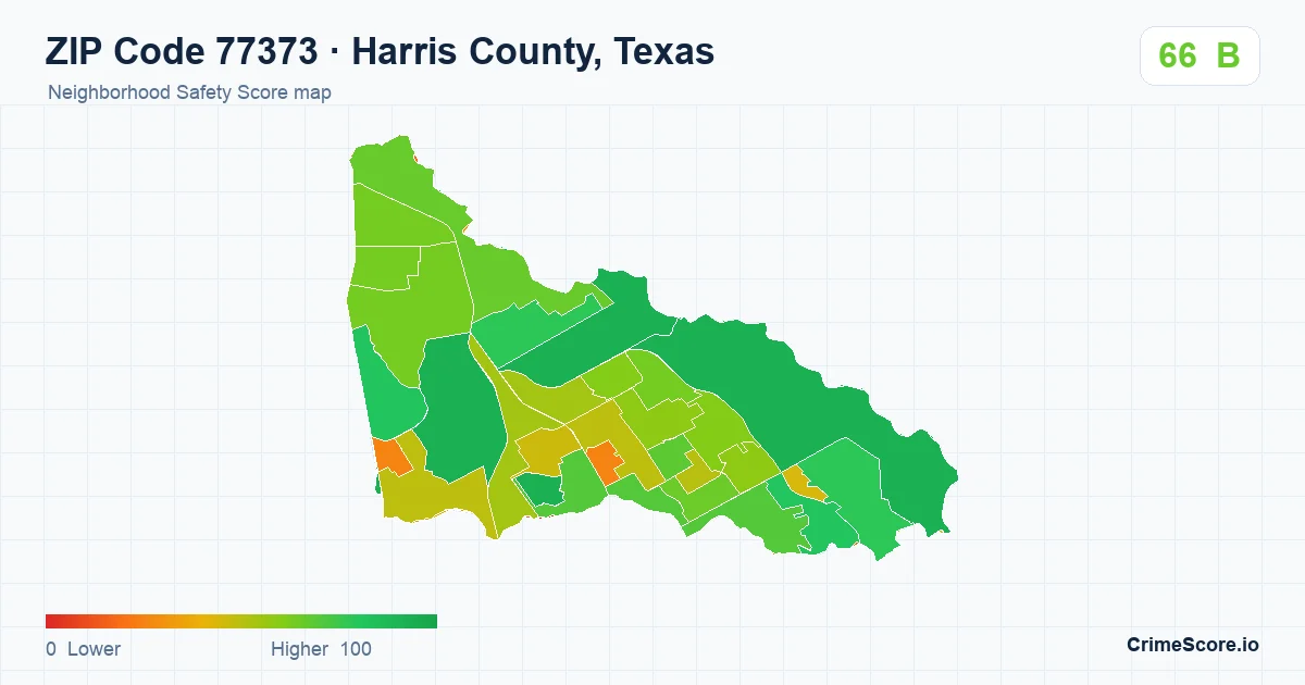 ZIP Code 77373 in Harris County, Texas neighborhood Safety Score map