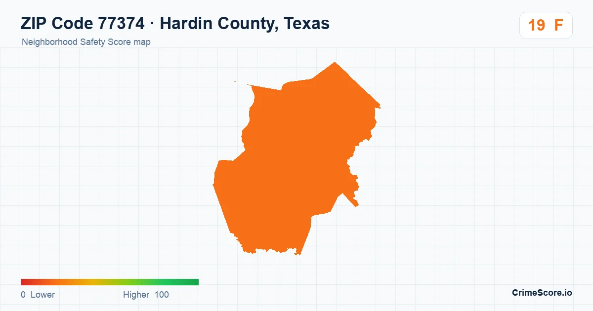 ZIP Code 77374 in Hardin County, Texas neighborhood Safety Score map