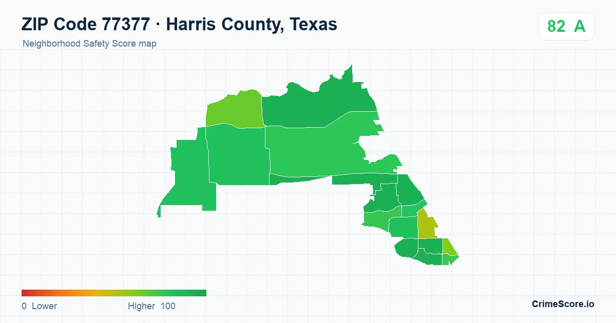 ZIP Code 77377 in Harris County, Texas neighborhood Safety Score map