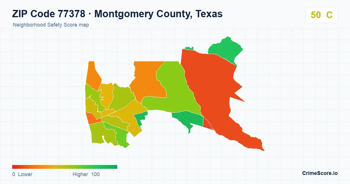 ZIP Code 77378 in Montgomery County, Texas neighborhood Safety Score map