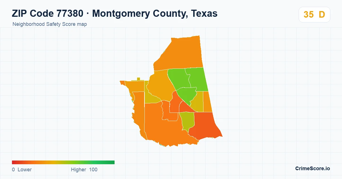 ZIP Code 77380 in Montgomery County, Texas neighborhood Safety Score map