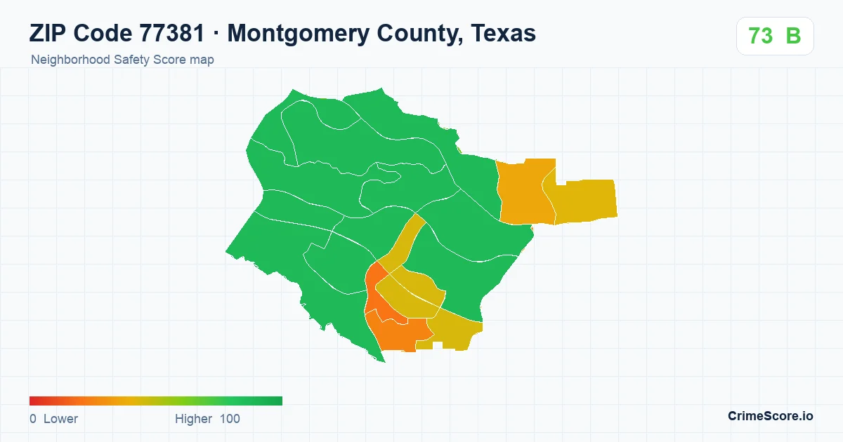 ZIP Code 77381 in Montgomery County, Texas neighborhood Safety Score map