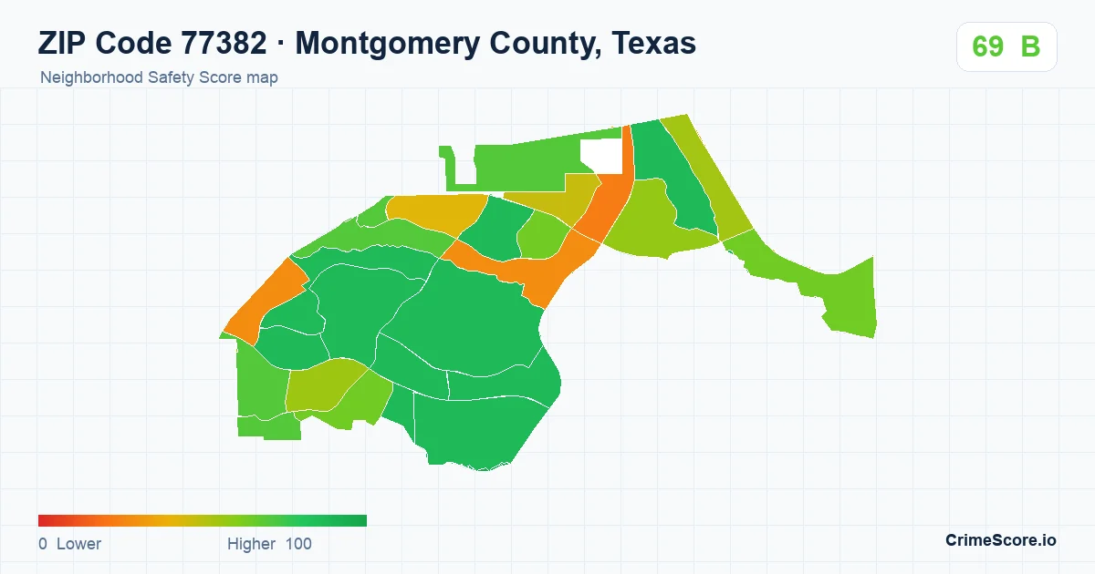 ZIP Code 77382 in Montgomery County, Texas neighborhood Safety Score map